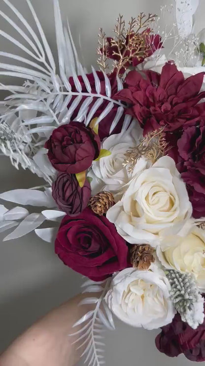 Wedding Bouquet Burgundy Winter Christmas Bridal Ivory Rustic Bridesmaids Decor Gold Christmas Tree Snow Pine Cone Red Berries Artificial