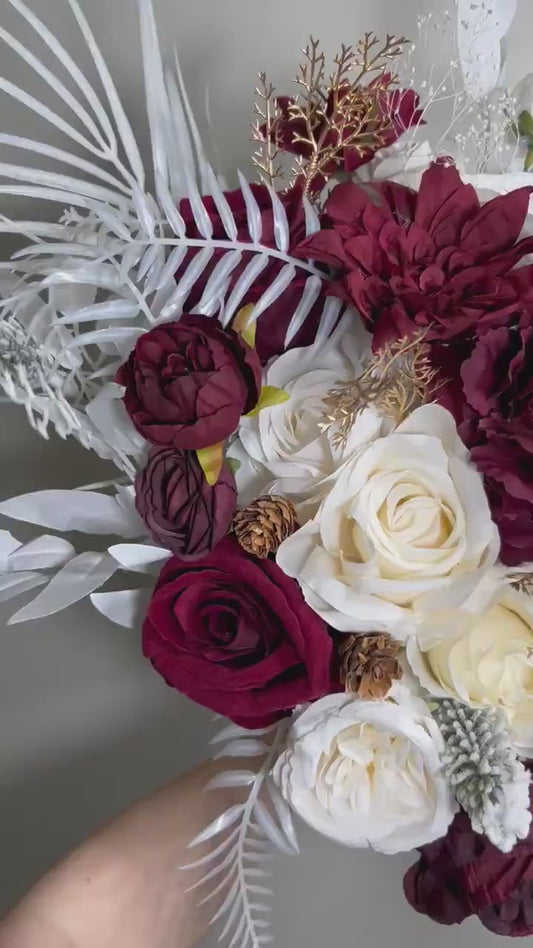 Wedding Bouquet Burgundy Winter Christmas Bridal Ivory Rustic Bridesmaids Decor Gold Christmas Tree Snow Pine Cone Red Berries Artificial