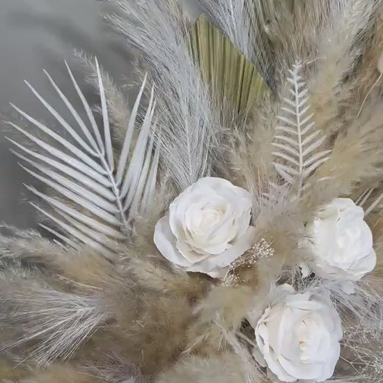 Set of 2 Wedding Aisle Marker Flower Floor Arrangement Whiskey Barrel Décor White Boho Pampas Grass Standing Arch Palm Leaves