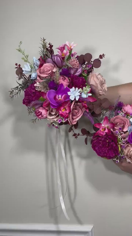 Wedding Bouquet Purple Orchid Bridesmaids   Bouquet Hot Pink Fuchsia Pink Viva Magenta Orchid Bouquet Tropical Blue Purple Artificial Flower
