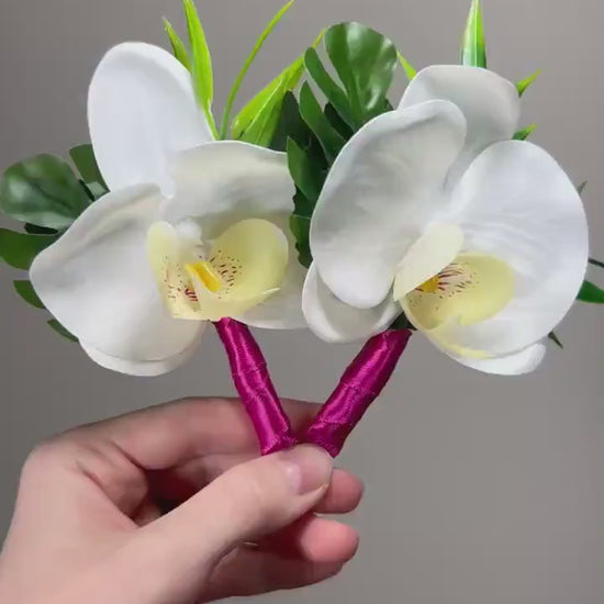 Orchid Corsage Wedding Groom White Boutonnière White Groomsmen Beach Corsage Tropical Monstera Orchid Artificial Flowers