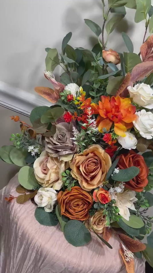 Set of 2 Wedding Aisle Marker Flower Floor Arrangement Whiskey Barrel Décor Orange Terracotta Ground Arch Rust Burn Orange White