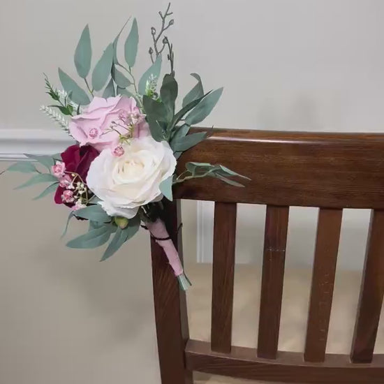 Pew Decor Wedding White Chair Decor Burgundy Aisle Flowers Blush Pink Aisle Arrangement Wedding Ceremony Decoration Chair Artificial Flower