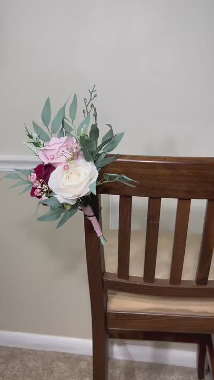 Pew Decor Wedding White Chair Decor Burgundy Aisle Flowers Blush Pink Aisle Arrangement Wedding Ceremony Decoration Chair Artificial Flower