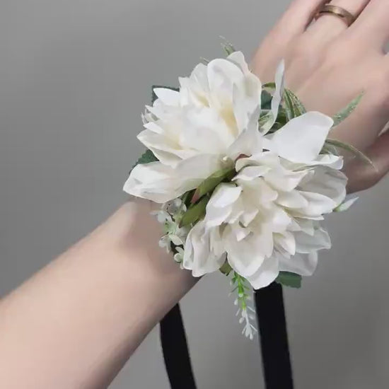 White Corsage Wedding Dahlia Wrist Corsage Bridesmaids Corsage Ivory Mom Corsage Accessories Artificial Flowers White Dahlia Boutonniere