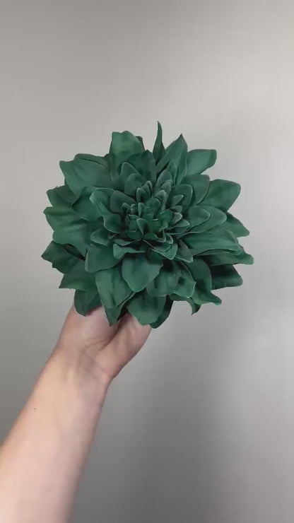 Emerald Green Dahlia Flower Head, Artificial Dahlia 6”, Dark Green Dahlia Bloom, DIY Wedding Flowers, Floral Supply, Fake Craft Flower