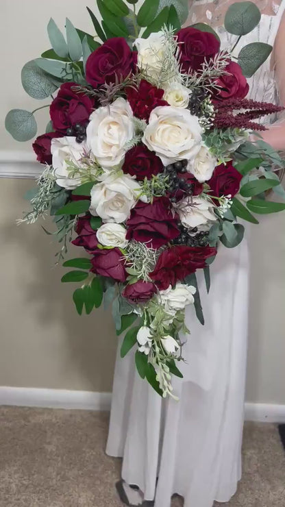 Wedding Christmas Bouquet Cascade Bridal Burgundy Cascading White Winter Bridesmaids Bouquet Christmas Ivory Rustic Christmas Tree