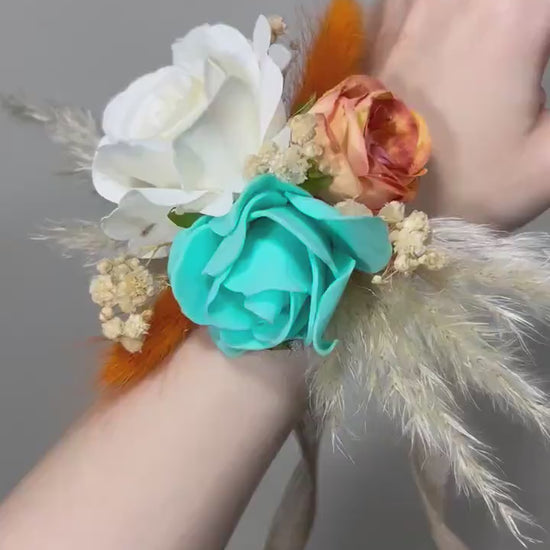 Wedding Teal Corsage White Wedding Wrist Corsage Orange Bridesmaids Terracotta Corsage Turquoise Mom Corsage Artificial Flowers