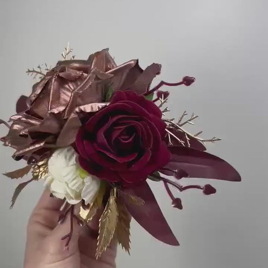 Rose Gold Cake Decor Burgundy Flower Artificial Wedding Rose Gold Cake Topper Flowers Maroon Ivory Decor Cake Flower Arrangement Wine Red