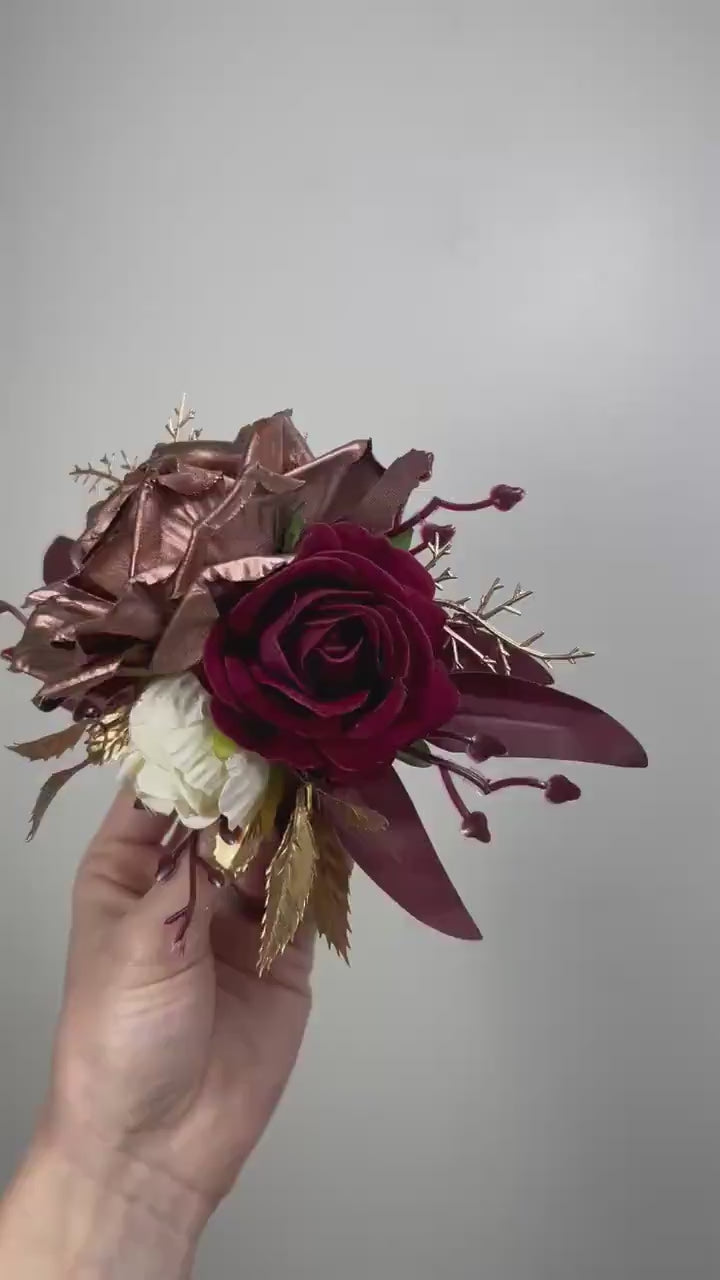 Rose Gold Cake Decor Burgundy Flower Artificial Wedding Rose Gold Cake Topper Flowers Maroon Ivory Decor Cake Flower Arrangement Wine Red