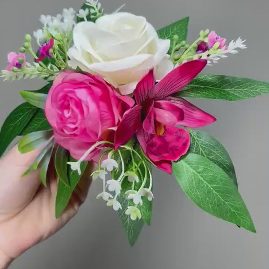 Cake Decoration White Wedding Topper Pink Flower Decor Cake Arrangements Hot Pink Orchid Cake Decoration Tropical Ivory Flower Cake Decor