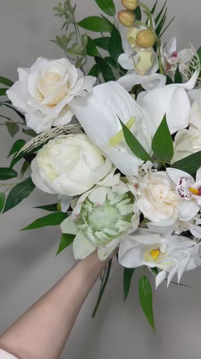 Wedding Bouquet White Bridal Orchid Bridesmaids Bouquet White Protea Calla Lily Ivory Orchid Protea Tropical Anthurium Artificial Flower