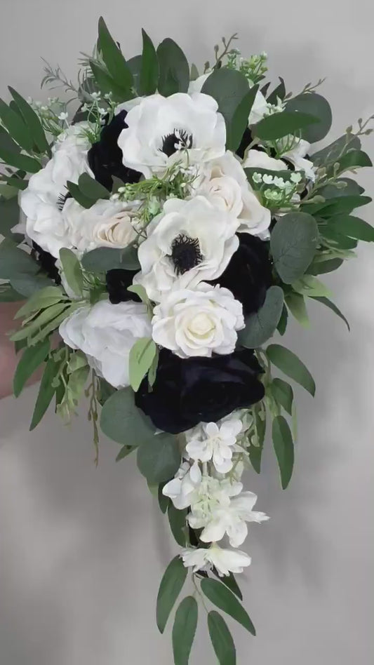 White Black Bouquet Wedding Cascade Anemone Bouquet White Cascading Bouquet Bridesmaids Black White Anemone Bouquet Greenery Artificial