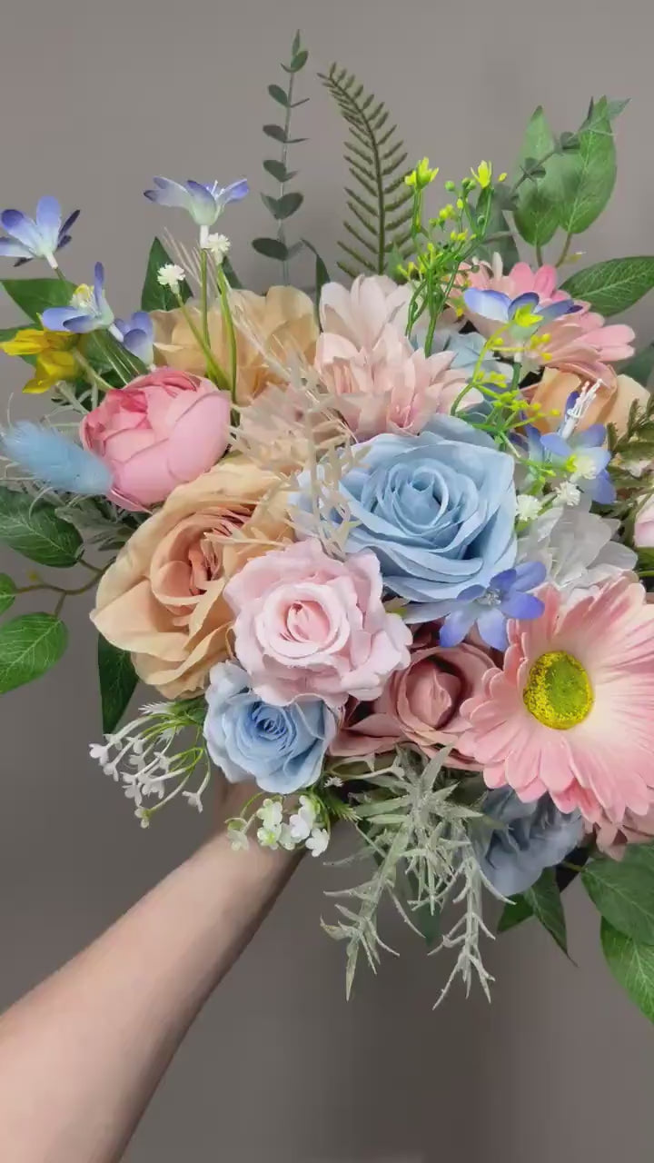 Wedding Bouquet Wild Flower Summer Pink Bridal White Spring Bouquet Pink Blush Blue Bridesmaids Bouquet Blue Wild Flower Artificial
