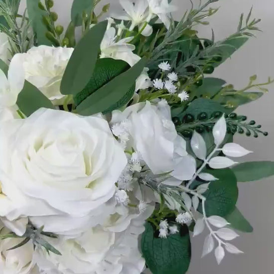 White Bouquet Wedding Baby Breath Bridal Bouquet Greenery Ivory Rose Bouquet Sage Green Bridesmaids Eucalyptus Artiricial Flowers Silk