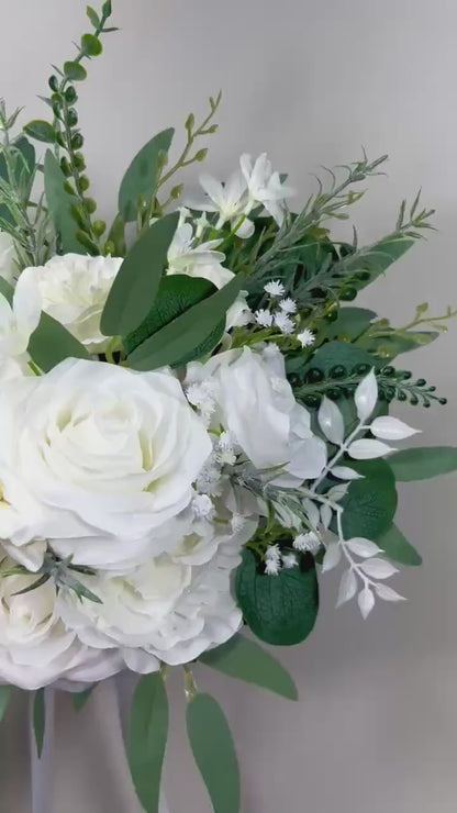 White Bouquet Wedding Baby Breath Bridal Bouquet Greenery Ivory Rose Bouquet Sage Green Bridesmaids Eucalyptus Artiricial Flowers Silk
