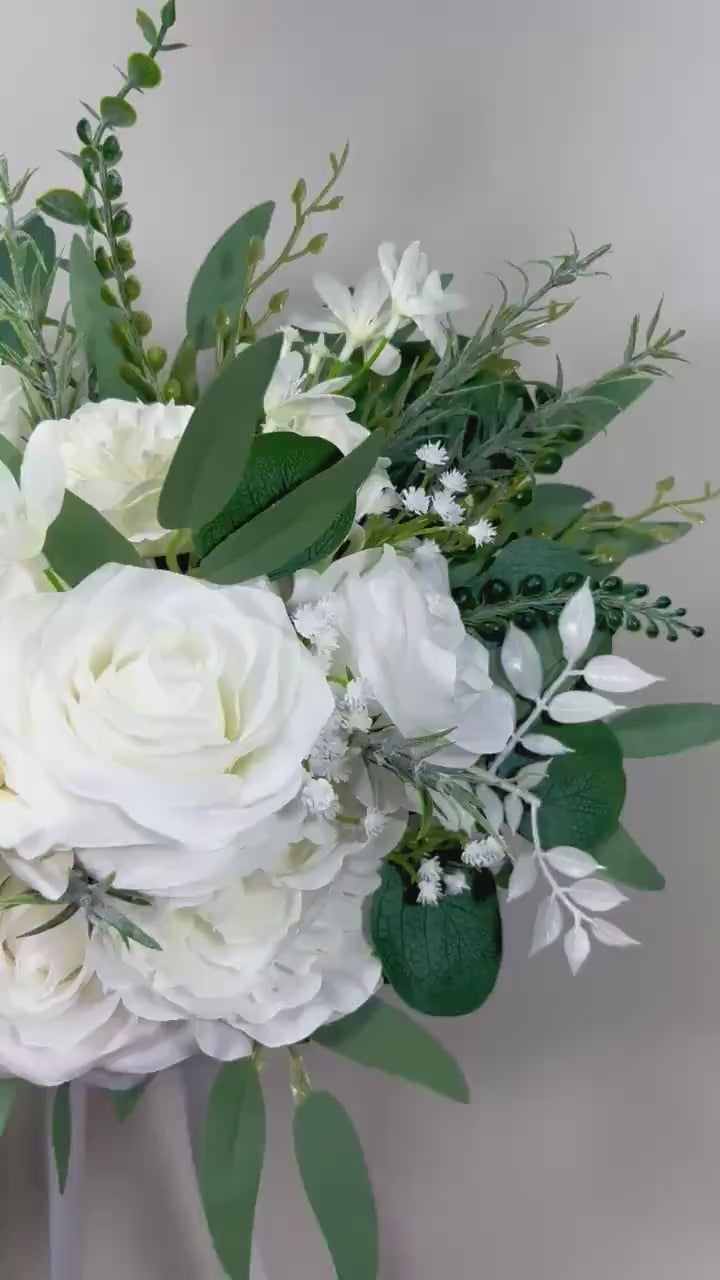 White Bouquet Wedding Baby Breath Bridal Bouquet Greenery Ivory Rose Bouquet Sage Green Bridesmaids Eucalyptus Artiricial Flowers Silk