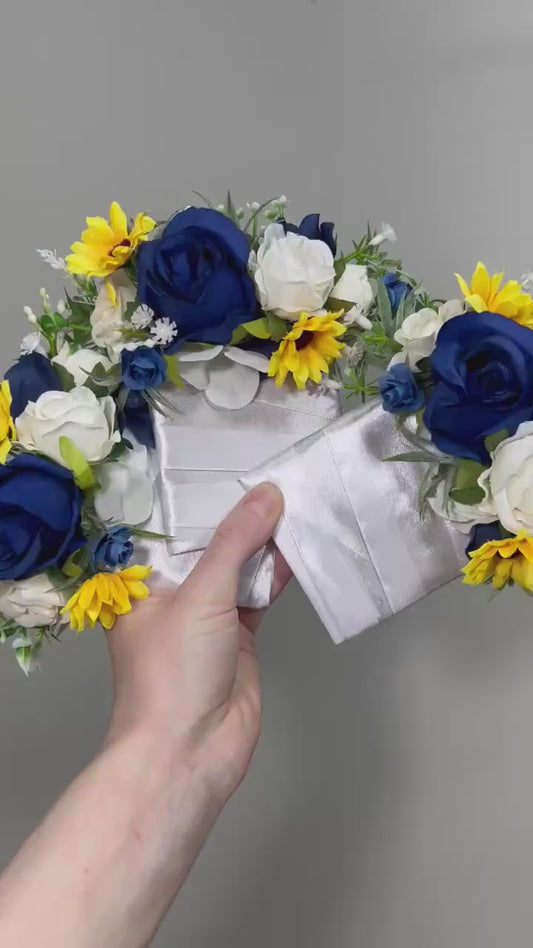 Sunflower Navy Blue Pocket Boutonniere Wedding Sunflowers Navy Blue Square Boutonniere Yellow Sunflowers White Pocket Boutonniere Artificial