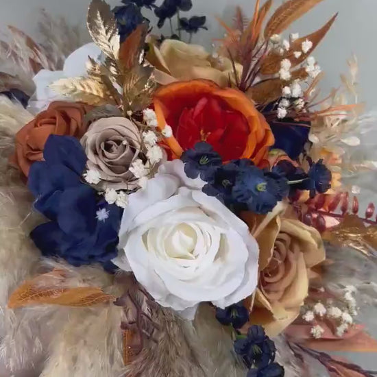 Orange Navy Blue Bouquet Wedding Boho Burnt Orange Bouquet Bridal Navy Blue Terracotta White Bouquet Bridesmaids Rust Blue Pampas Grass