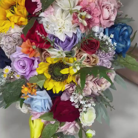 Colorful Bridal Bouquet Cascading Rainbow Wedding Bouquet Sunflower Bridesmaids Bouquet Cascading Wild Flower Multicolor Artificial Flower
