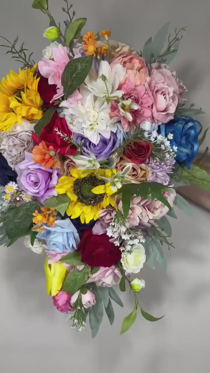 Colorful Bridal Bouquet Cascading Rainbow Wedding Bouquet Sunflower Bridesmaids Bouquet Cascading Wild Flower Multicolor Artificial Flower