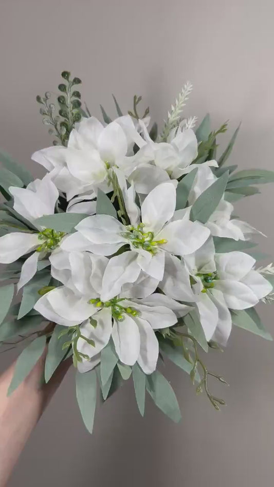 White Poinsettias Bouquet Wedding Bridal White Christmas Bouquet Bridesmaids Poinsettias Greenery Sage Winter Artificial Flower