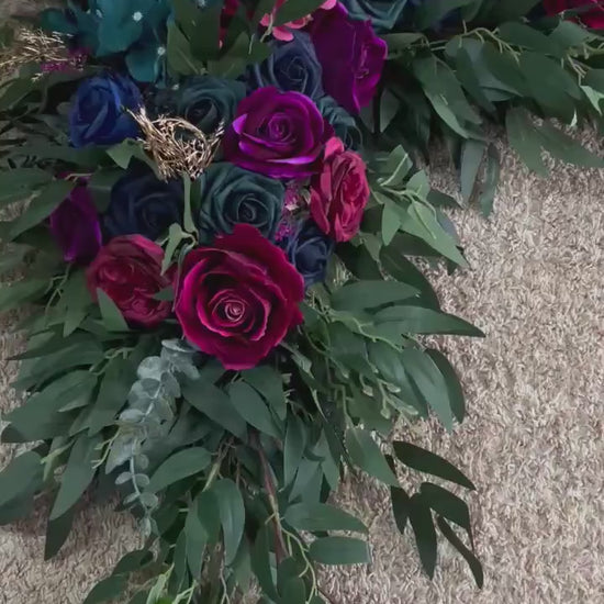 Jewel Tone Wedding Arch Flowers Arrangement, Purple Magenta Navy Blue Dark Teal Floral Swag for Ceremony Arbor Corner, Backdrop, Table Decor