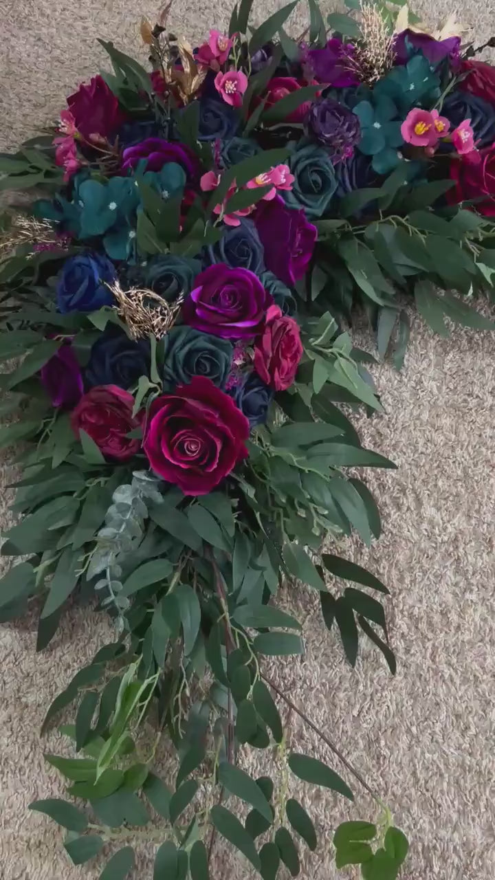 Jewel Tone Wedding Arch Flowers Arrangement, Purple Magenta Navy Blue Dark Teal Floral Swag for Ceremony Arbor Corner, Backdrop, Table Decor
