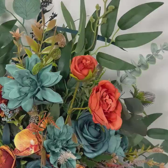 Set of 2 Wedding Aisle Marker Flower Floor Arrangement Whiskey Barrel Décor Teal Terracotta Blue Rust Ground Arch Rustic Burnt Orange