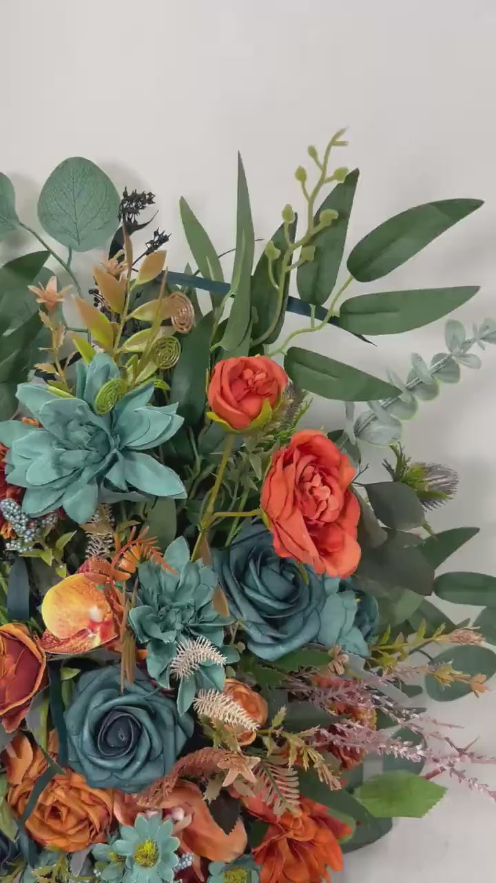 Set of 2 Wedding Aisle Marker Flower Floor Arrangement Whiskey Barrel Décor Teal Terracotta Blue Rust Ground Arch Rustic Burnt Orange