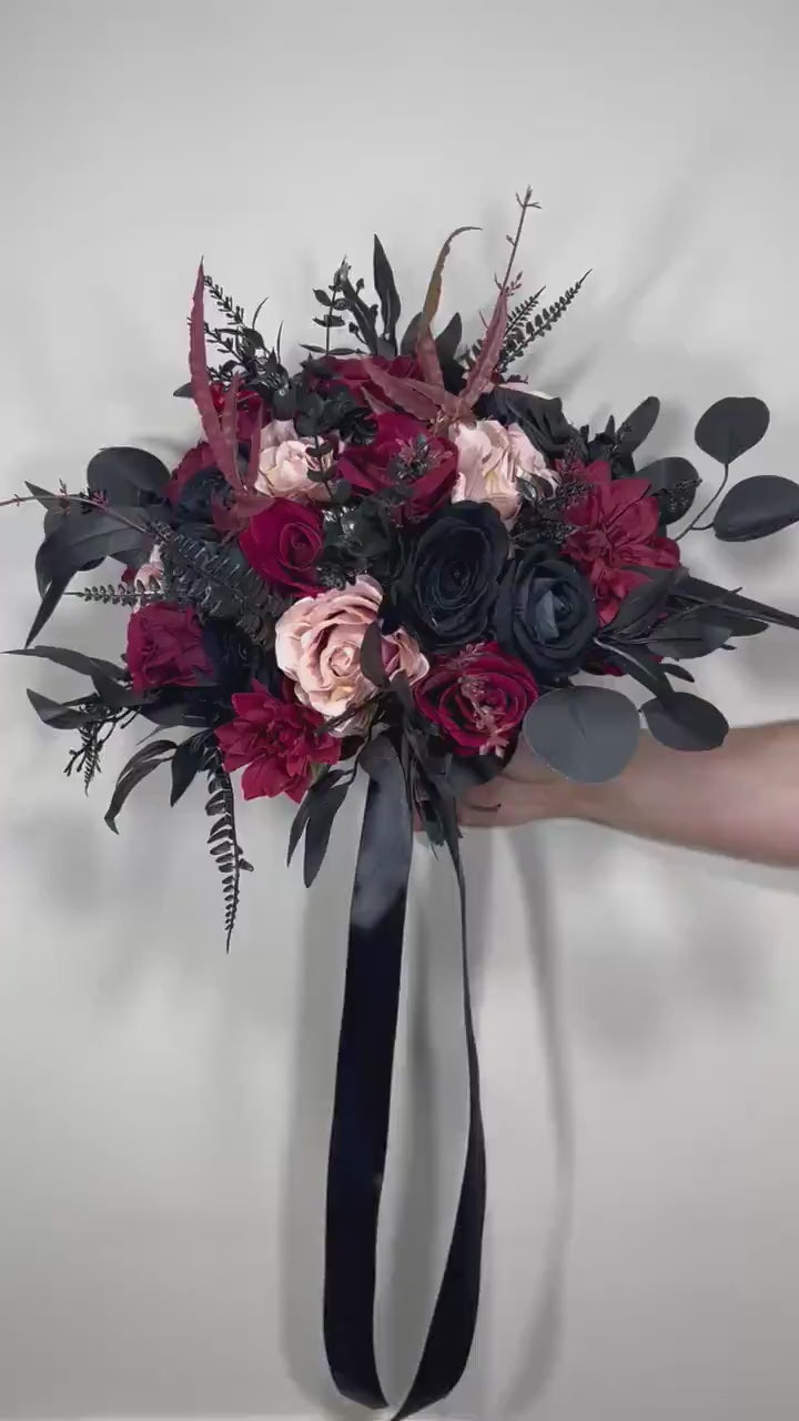 Black Bouquet Wedding Burgundy Bridal Bouquet Gothic Dusty Rose Halloween Bouquet Black Bridesmaids Bouquet Black Burgundy Artificial Flower