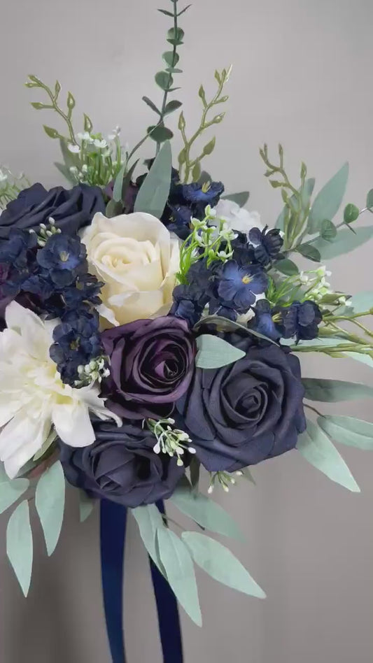 Navy Blue Bouquet Wedding Bridal Bouquet Navy Blue White Bouquet Plum Bridesmaids Blue Bouquet Purple Dark Blue Artificial Flower