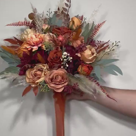 Wedding Bouquet Terracotta Rust Burgundy Burnt Orange Bouquet Bridal Fall Eucalyptus Baby Breath Rose Pampas Grass Artificial Flower Dried