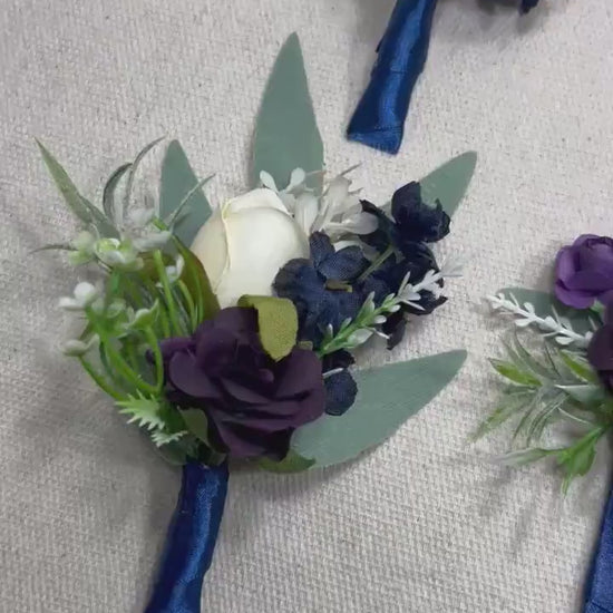 Blue Pocket Square Boutonniere Wedding Groom Navy Blue Royal White Boutonnières Pocket Purple Boutonnière Plum Artificial Flowers