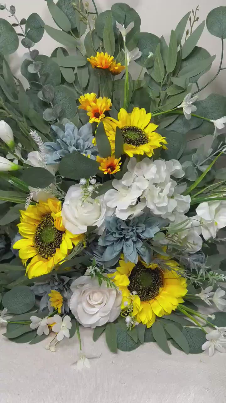 Sunflower Aisle Marker Wedding White Dusty Blue Ground Arch Floor Decor Rustic Ivory Yellow Sunflower Fall Eucalyptus Barrel Whiskey Flower