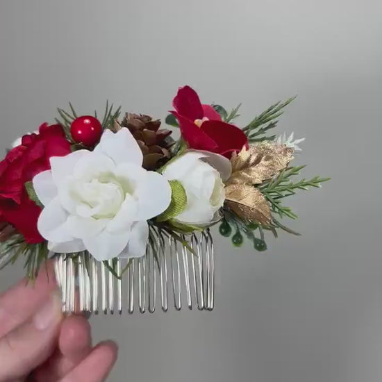Hair Comb Wedding White Christmas Head Piece Red Winter Hair Comb Bridal Wedding Hair Accessories Winter Hair Comb Artificial Flower