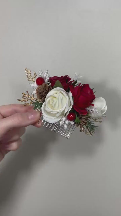 Flower Hair Comb Wedding White Christmas Head Piece Red Winter Hair Comb Bridal Wedding Hair Accessories Hair Comb Artificial Flower