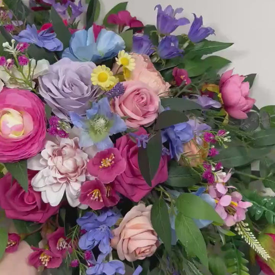 Colorful Wedding Arch Flowers, Pink Blue Purple Floral Swag, Wild Flowers Arbor arrangement, Lavender Hot Pink Blue Backdrop Decor Flowers