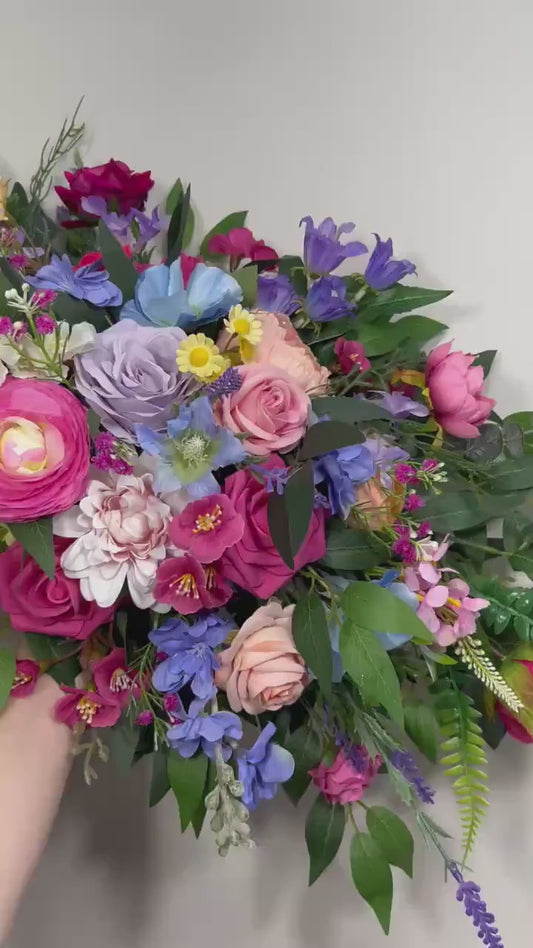Colorful Wedding Arch Flowers, Pink Blue Purple Floral Swag, Wild Flowers Arbor arrangement, Lavender Hot Pink Blue Backdrop Decor Flowers