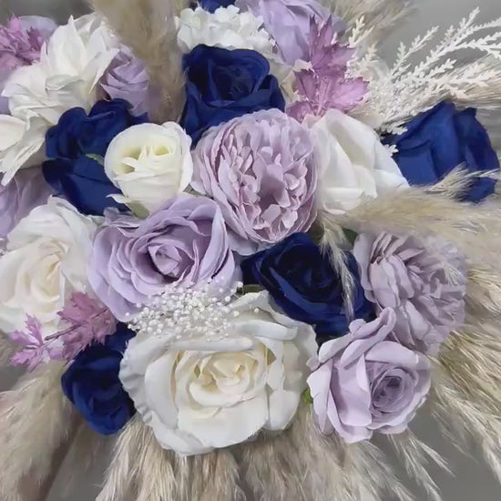 Purple Blue Bouquet Wedding Bridal Royal Blue Lavender Bouquet Bridesmaids Navy Blue Purple Boho Pampas Grass