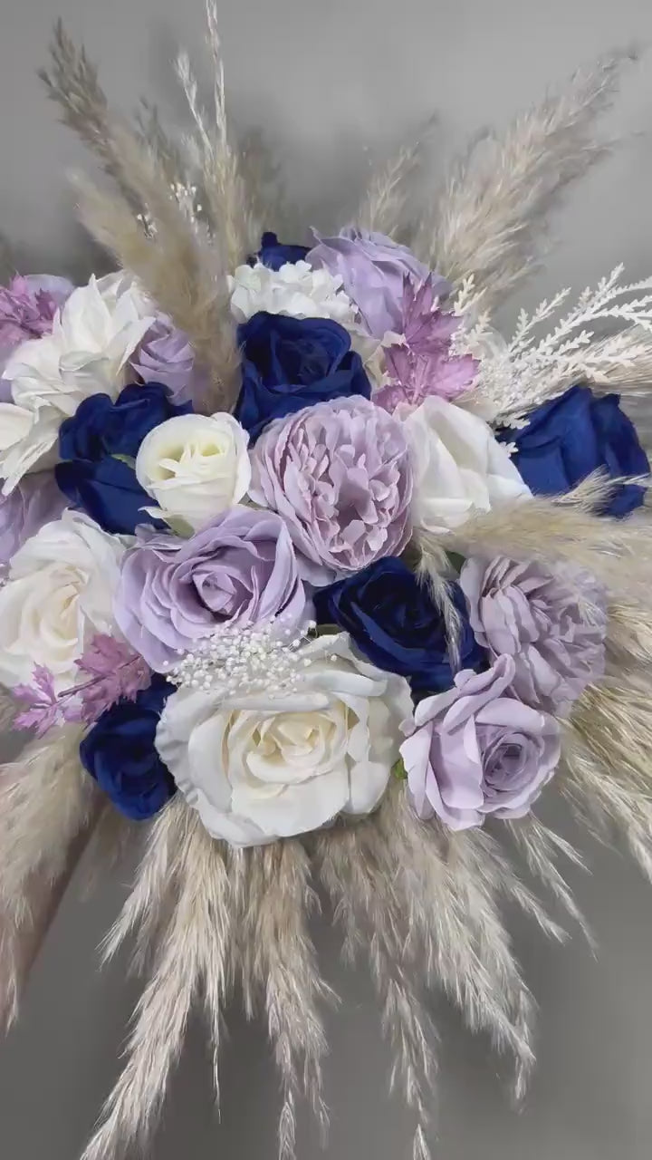 Purple Blue Bouquet Wedding Bridal Royal Blue Lavender Bouquet Bridesmaids Navy Blue Purple Boho Pampas Grass
