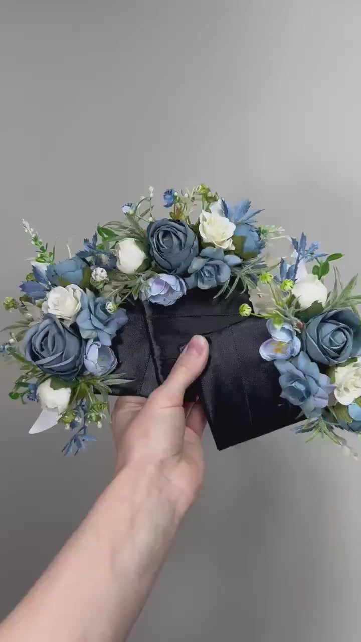 Blue Pocket Boutonniere Wedding Dusty Blue White Groom Boutonnière Square Blue Ivory Blue Groomsmen Boutonniere Pocket Dusty Blue Greenery