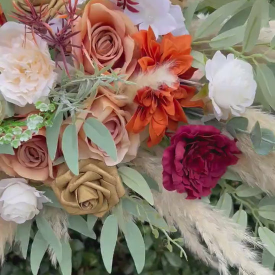 Terracotta Arch Arrangement Wedding Boho Burnt Orange Curved Arrangement Burgundy Pampas Grass Arbor Arrangement Rust White Gold Wedding