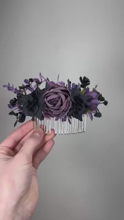 Black Hair Comb Wedding Plum Flower Girl Headpiece Gothic Floral Dark Purple Black  Hair Accessories Black Plum Hair Comb Artificial Flowers