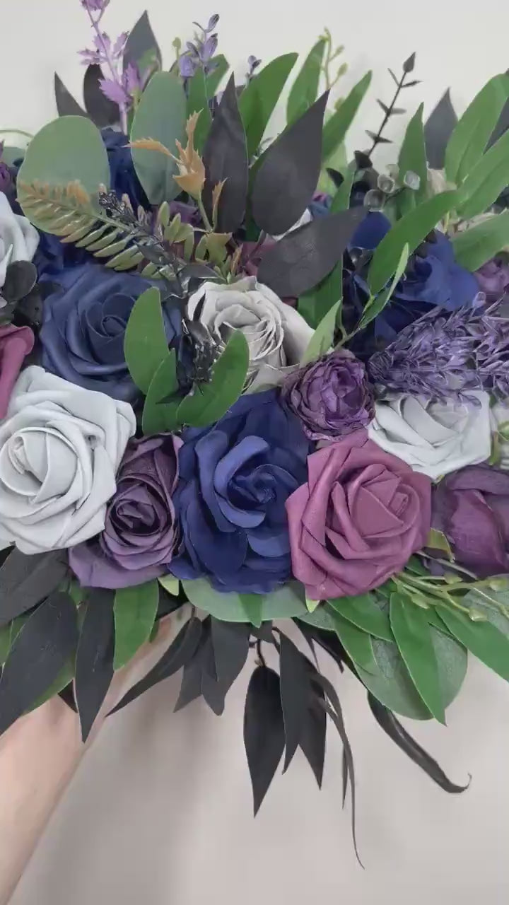 Navy Blue Bouquet Plum Wedding Bridal Bouquet Purple Dark Blue Grey Bouquet Bridesmaids Jewel Tones Bouquet Plum Blue Black Artifical Flower