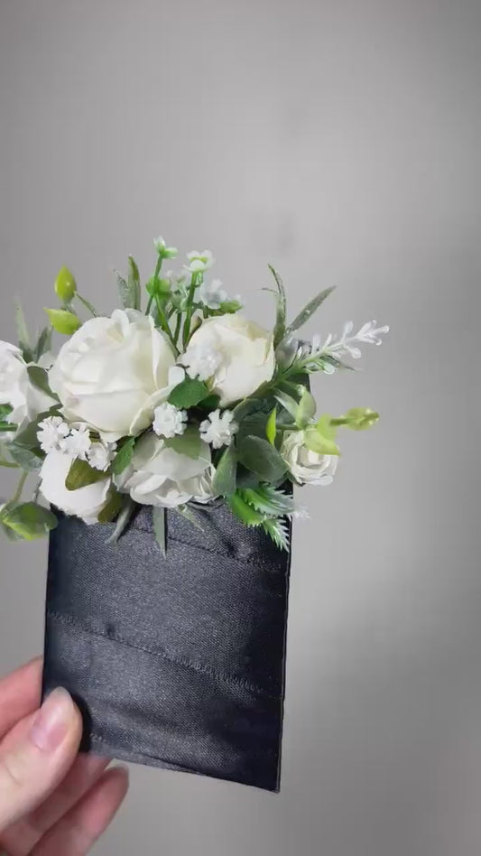 White Pocket Boutonniere Wedding Groom Boutonnière Ivory Square Groomsmen Pocket Boutonniere Sage Eucalyptus Ivory Baby Breath