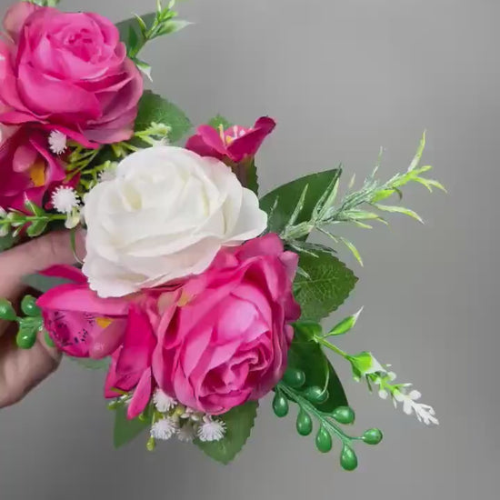 Hot Pink White Cake Decor Wedding Fuchsia Cake Topper Artificial Flowers Orchid Tropical Beach Cake Arrangements Eucalyptus