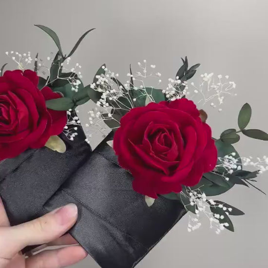 Red Pocket Boutonniere Wedding Christmas Pocket Boutonnières Red Groomsmen Square Boutonnière Pocket Red Winter Baby Breath Eucalyptus