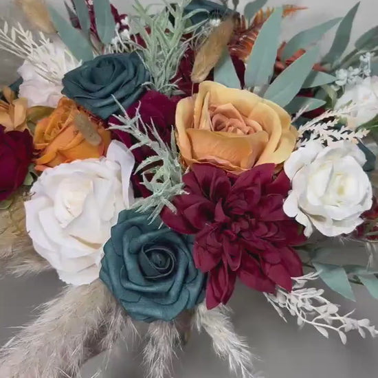 Dark Teal Bouquet Wedding Bridal Burgundy Terracotta Bridesmaids Burgundy Teal Burnt Orange Bouquet Dark Teal Rust Pampas Grass