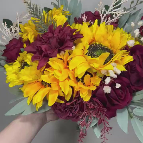 Sunflower Bouquet Wedding Bridal Sunflower Burgundy Bouquet Bridesmaids Fall Decor Sunflower Red Baby Breath Artificial Flower
